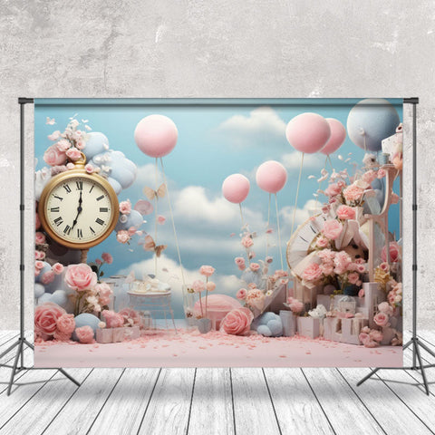 Cake Smash Rose Floral Horloge Ballon Anniversaire Toile de fond