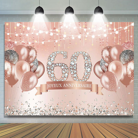 Heureux 60ème Anniversaire Rose Ballon Diamants Doré Toile de fond