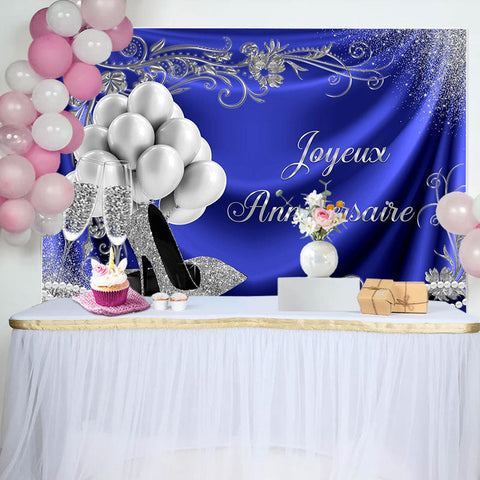 Argent Ballon et Talons Bleu Heureux Anniversaire Toile de fond