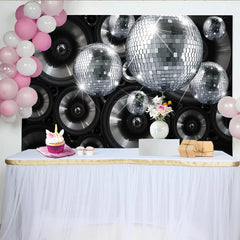 Lofaris Toile de fond de photographie disco avec boules étincelantes et haut-parleurs, arrière-plan de fête rétro pour studio photo