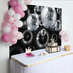 Lofaris Toile de fond de photographie disco avec boules étincelantes et haut-parleurs, arrière-plan de fête rétro pour studio photo