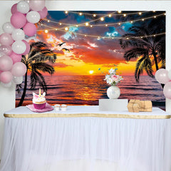Lofaris Toile de fond de photographie coucher de soleil plage avec palmiers, arrière-plan tropical estival avec lumières pour studio photo