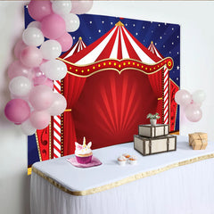 Lofaris Toile de fond de photographie cirque avec chapiteau rayé rouge et blanc et étoiles, magnifique décor de fête pour événement