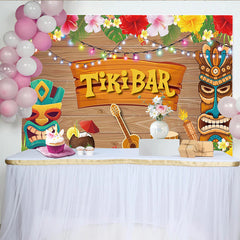 Lofaris Toile de fond pour fête tiki avec masques et fleurs, lumières colorées, décor en bois pour soirée hawaïenne et ambiance tropicale