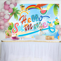Lofaris Toile de fond de photographie plage d'été avec palmiers et arc-en-ciel, arrière-plan tropical pour studio et fête d'été