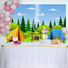 Lofaris Toile de fond de photographie pour camping avec tentes et feu de camp, magnifique arrière-plan de nature pour studio photo et aventure