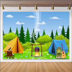 Lofaris Toile de fond de photographie pour camping avec tentes et feu de camp, magnifique arrière-plan de nature pour studio photo et aventure