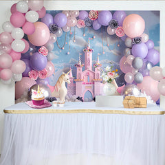 Lofaris Toile de fond de photographie château de princesse et licorne avec ballons roses et lavande, magnifique décor féerique