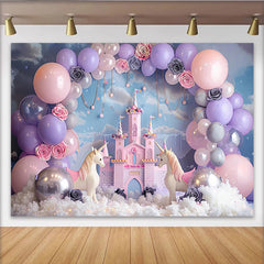 Lofaris Toile de fond de photographie château de princesse et licorne avec ballons roses et lavande, magnifique décor féerique