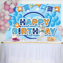 Lofaris Toile de fond pour anniversaire animaux avec empreintes de pattes et ballons bleus, décor de fête joyeux anniversaire pour enfants