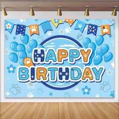 Lofaris Toile de fond pour anniversaire animaux avec empreintes de pattes et ballons bleus, décor de fête joyeux anniversaire pour enfants