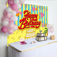 Lofaris Toile de fond joyeux anniversaire dessin animé rayures jaunes et bleues, avec ballons gâteau et bananes, décor de fête