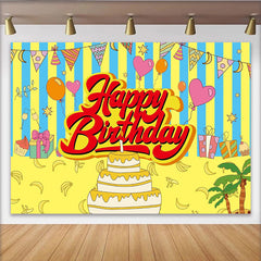 Lofaris Toile de fond joyeux anniversaire dessin animé rayures jaunes et bleues, avec ballons gâteau et bananes, décor de fête