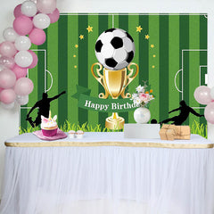 Lofaris Toile de fond anniversaire football avec trophée et étoiles dorées, décor de fête sportif pour garçons et séance photo