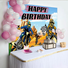 Lofaris Toile de fond pour anniversaire motocross désert avec drapeaux à damier, arrière-plan de course pour garçon, studio photo et fête