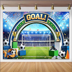 Lofaris Toile de fond pour anniversaire football avec trophées et ballons, décor de stade pour fête sportive et séance photo