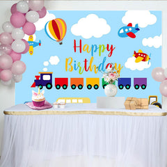 Lofaris Toile de fond joyeux anniversaire dessin animé avec train avions et voitures, magnifique arrière-plan pour fête d'enfants