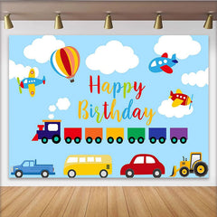 Lofaris Toile de fond joyeux anniversaire dessin animé avec train avions et voitures, magnifique arrière-plan pour fête d'enfants