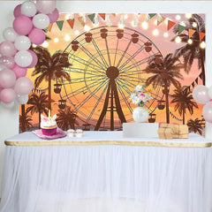 Lofaris Toile de fond de fête foraine avec grande roue et palmiers au coucher du soleil, décor festif pour soirée d'été et studio photo