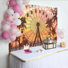 Lofaris Toile de fond de fête foraine avec grande roue et palmiers au coucher du soleil, décor festif pour soirée d'été et studio photo