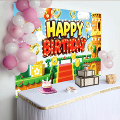 Lofaris Toile de fond joyeux anniversaire thème jeu vidéo avec château et ballons, arrière-plan coloré pour fête d'enfants ou studio photo
