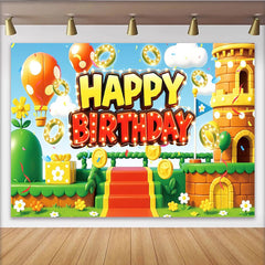 Lofaris Toile de fond joyeux anniversaire thème jeu vidéo avec château et ballons, arrière-plan coloré pour fête d'enfants ou studio photo
