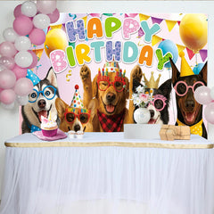 Lofaris Toile de fond joyeux anniversaire pour animaux avec chiens festifs, arrière-plan coloré pour fête d'enfants