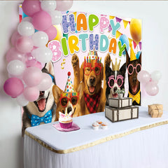 Lofaris Toile de fond joyeux anniversaire pour animaux avec chiens festifs, arrière-plan coloré pour fête d'enfants