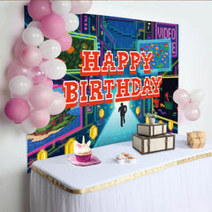 Lofaris Toile de fond joyeux anniversaire thème jeu vidéo pixelisé avec pièces d'or et personnage, décor de fête numérique pour studio photo