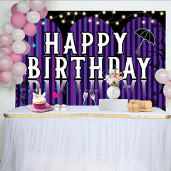 Lofaris Toile de fond pour anniversaire violette avec lumières et coupes de champagne, élégant décor de fête à rayures pour studio photo