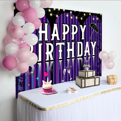 Lofaris Toile de fond pour anniversaire violette avec lumières et coupes de champagne, élégant décor de fête à rayures pour studio photo