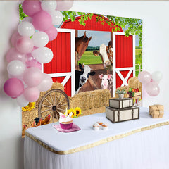 Lofaris Toile de fond pour anniversaire ferme avec animaux mignons et grange rouge, décor de fête pour enfants et studio photo