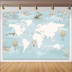 Lofaris Toile de fond de photographie carte du monde avec avions et montgolfières, arrière-plan ciel doux pour studio et décoration