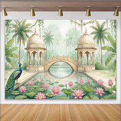 Lofaris Toile de fond de photographie jardin aquatique paon et lotus, magnifique arrière-plan paysage exotique pour studio photo