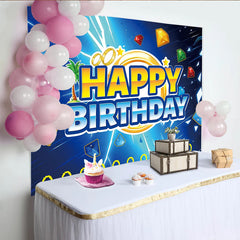 Lofaris Toile de fond pour anniversaire thème vitesse et anneaux dorés, arrière-plan de fête bleu avec gemmes et palmier pour studio photo
