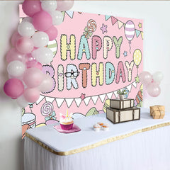 Lofaris Toile de fond rose joyeux anniversaire avec lettres moelleuses et macarons pour fille, décor de fête pastel avec ballons et étoiles