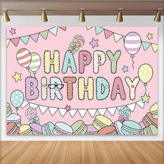 Lofaris Toile de fond rose joyeux anniversaire avec lettres moelleuses et macarons pour fille, décor de fête pastel avec ballons et étoiles