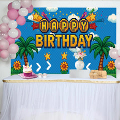 Lofaris Toile de fond anniversaire jeu vidéo pixelisé avec palmiers et étoiles, arrière-plan de fête rétro gaming pour studio photo