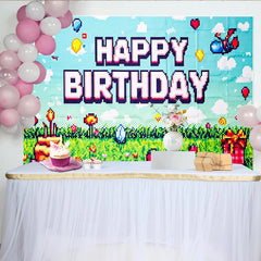 Lofaris Toile de fond joyeux anniversaire pixel art thème jeu vidéo pour enfants, arrière-plan de fête rétro pour studio photo