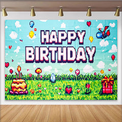 Lofaris Toile de fond joyeux anniversaire pixel art thème jeu vidéo pour enfants, arrière-plan de fête rétro pour studio photo