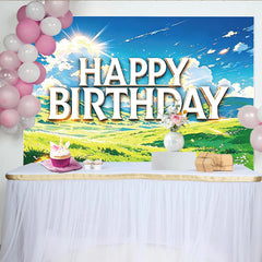 Lofaris Toile de fond joyeux anniversaire avec ciel bleu et paysage verdoyant, décor lumineux pour séance photo et célébration d'événement