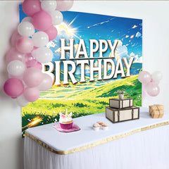 Lofaris Toile de fond joyeux anniversaire avec ciel bleu et paysage verdoyant, décor lumineux pour séance photo et célébration d'événement