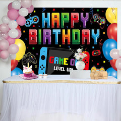 Lofaris Toile de fond anniversaire gaming pixel art avec manettes, arrière-plan de fête coloré pour studio photo et décoration