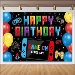 Lofaris Toile de fond anniversaire gaming pixel art avec manettes, arrière-plan de fête coloré pour studio photo et décoration