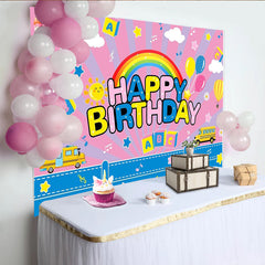 Lofaris Toile de fond joyeux anniversaire enfant arc-en-ciel, décor coloré avec ballons bus et étoiles pour fête d'enfants