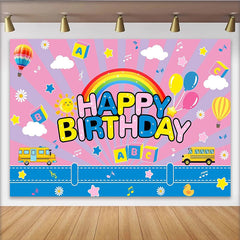 Lofaris Toile de fond joyeux anniversaire enfant arc-en-ciel, décor coloré avec ballons bus et étoiles pour fête d'enfants