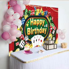 Lofaris Toile de fond anniversaire casino avec jetons, cartes à jouer et dés, de fête rouge avec lumières scintillantes pour studio photo