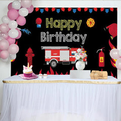 Lofaris Toile de fond joyeux anniversaire pompier avec camion et flammes, magnifique décor de fête pour enfants et studio photo