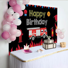 Lofaris Toile de fond joyeux anniversaire pompier avec camion et flammes, magnifique décor de fête pour enfants et studio photo