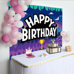 Lofaris Toile de fond joyeux anniversaire gaming avec manette et trophée, arrière-plan de fête pour enfants ou studio photo